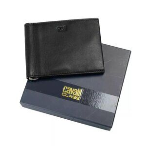 Wallet Cavalli Class Men's 100% Leather Black Logo Print Money Clip